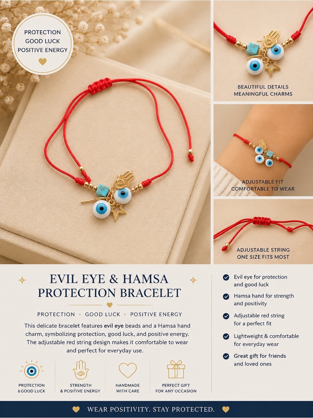Evil Eye & Hamsa Protection Bracelet - Red Cord with Blue Charm
